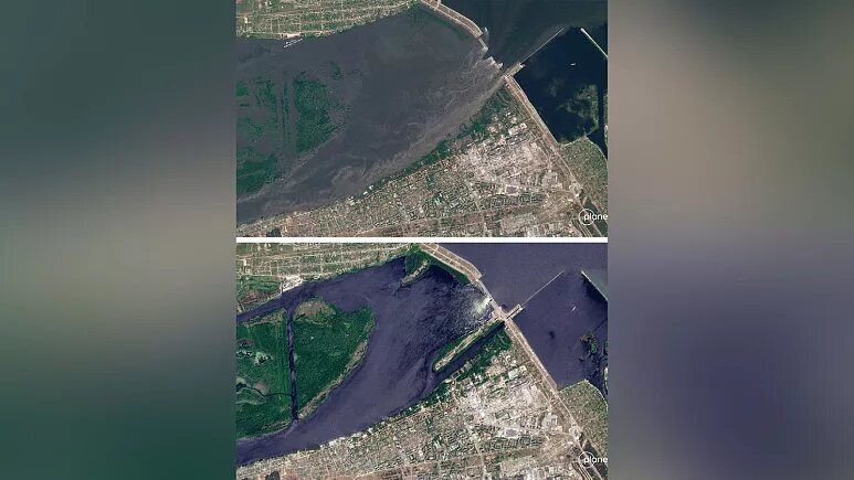 تخریب سد کاخوفکا در اوکراین؛ عکس‌هایی که قبل و بعد از «فاجعه» را نشان می‌دهد